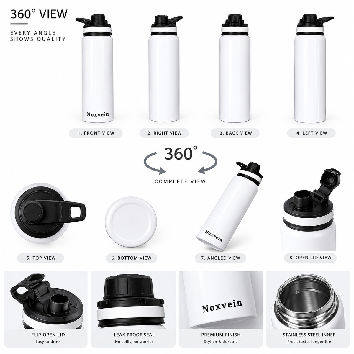 Noxvein Stainless Steel H2O Water Bottle – 750ml White