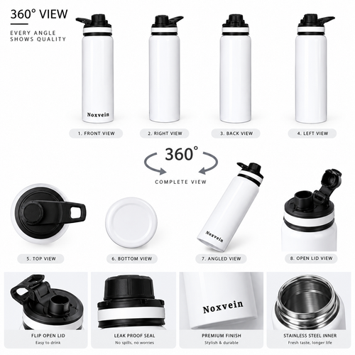Noxvein Stainless Steel H2O Water Bottle – 750ml White